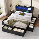 Queen Size Bed Frame with 2-Tier Storage & LED Light Headboard, Charging Station, USB Port & Type C, with 8 Fabric Underbed Storeage Drawers, No Box Spring Needed, Black