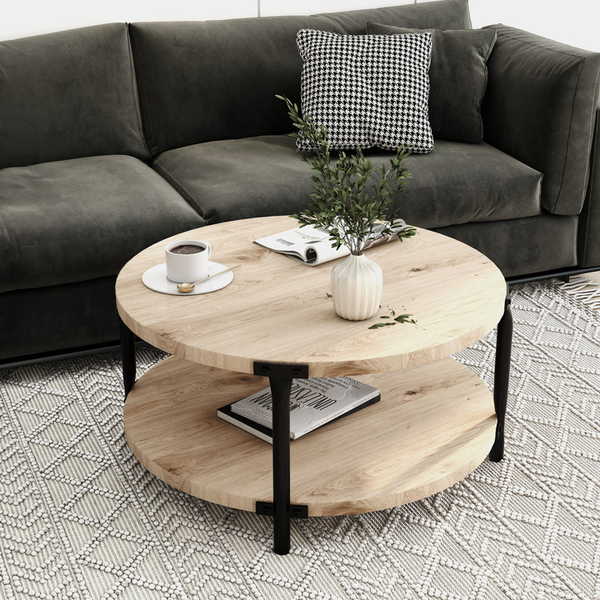 Modern minimalist style circular Bohemian coffee table, 31.4''natural circular wooden double-layer coffee table, natural wood color suitable for use in living rooms, study rooms and.
