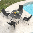 5-Piece Outdoor Patio Dining Set, Vintage Wood Grain Table with Umbrella Hole + 4 Ergonomic Stacking Chairs 350LB Capacity, Waterproof Textilene Fabric, for Garden Yard Balcony Patio Restaurant