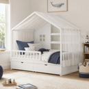 Full Bed Frame for Kids, Montessori Floor Bed Style with Roof and Curtains, Safety Guardrails, 2 Storage Drawers, Wooden Bed for Boys Girls, No Box Spring Needed, Easy Assemble, White