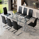 Tempered Glass Dining Table Set for 8, Modern Rectangular Kitchen Table with Electroplated Metal Legs, 8 Black PU Leather Upholstered Dining Chairs with Silver Chrome Base