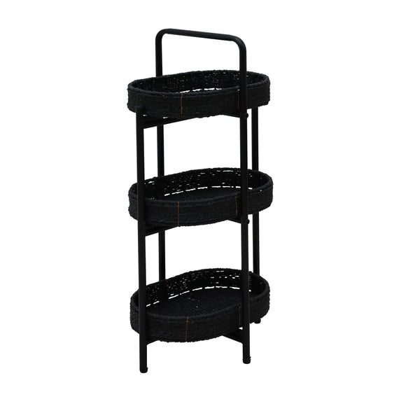 Modern 3-Tier Handwoven Side Table with Oval Organizer in Black Metal and Paper Rope