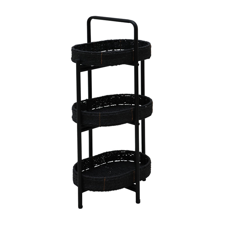 Modern 3-Tier Handwoven Side Table with Oval Organizer in Black Metal and Paper Rope