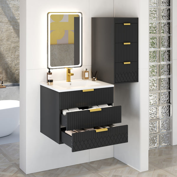 24inch Wall Mounted Floating Cabinet w/Side Cabinet Combo, Rectangular Vanity, Small Bathroom Sink With Single Faucet Hole and Overflow, Modern Bathroom Cabinet with Ceramic Basin Sink