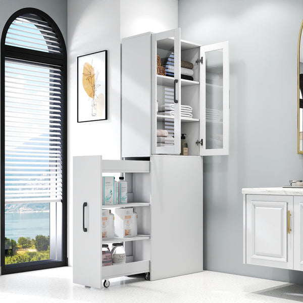 70.87' H Display Storage  Cabinet , 4 Tier multi-functional pull-out multi-tier storage shelf & 2 Glass Doors, Modern Wooden  Kitchen Pantry Cabinet for Living Room or Kitchen and Dinning Room