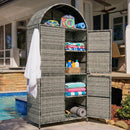 K&K 72' Tall Arched Wicker Outdoor Storage Cabinet with Shelves, 4-Door Outdoor Rattan Vertical Storage Shed with Adjustable Shelves, Outdoor Towel Holder for Garden, Backyard, Pool, Grey