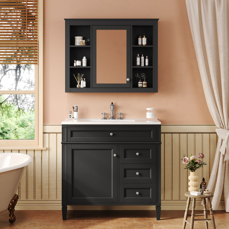36'' Bathroom Vanity with Top Sink, Modern Bathroom Storage Cabinet with Mirror, 2 Drawers and a Tip-out Drawer, Mirror Cabinet with 6 Open Shelves, Single Sink Bathroom Vanity