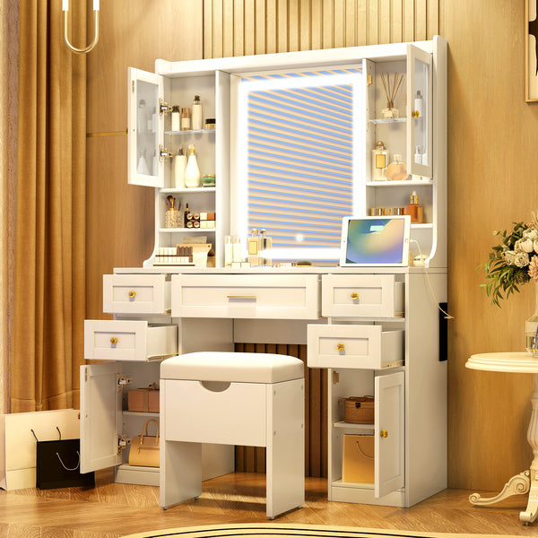 41.4' Makeup Vanity Desk with Mirror and Lights, Makeup Table with 5 Drawers and 4 Cabinets, Dressing Table with Charging Station and Cushioned Storage Stool for Bedroom, White