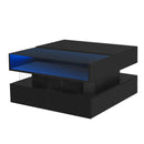 U-Can Lift-Top Coffee Table with 2 Drawers, Modern Square Coffee Table with Glass Top and High-Gloss Finish, Hidden Space and LED Lights for Living Room