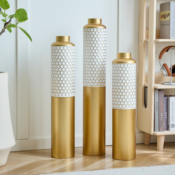 Modern Droplet-Shaped Floor Vase Set – Gold & White Honeycomb Design – 3-Piece Metal Decorative Vases for Home Interior Display
