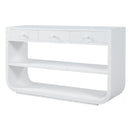 Modern Curved Console Table with 3 Soft-Close Drawers & 2 Open Shelves, White Solid Wood Base, Entryway Table for Living Room Hallway Study, Solid Wood Base