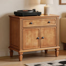 Farmhouse Nightstand with Charging Station, Wood Bedside Table with Drawer & Double-Door Storage Cabinet, End Table with USB & Type-C Ports for Bedroom, Living Room, Walnut Brown