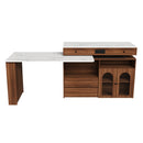 Retro Kitchen Island with Extendable & Rotating Table, Walnut Veneer Finish, 4 Drawers & Glass Door Cabinets, Built-in Socket, Fits 2-4 People (Walnut)
