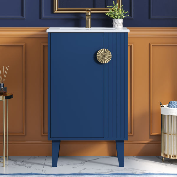 20-inch Bathroom Vanity with Ceramic Sink, Freestanding Single Vanity Set with Soft Closing Door, Chic Half-Moon Pulls, French Style, Blue