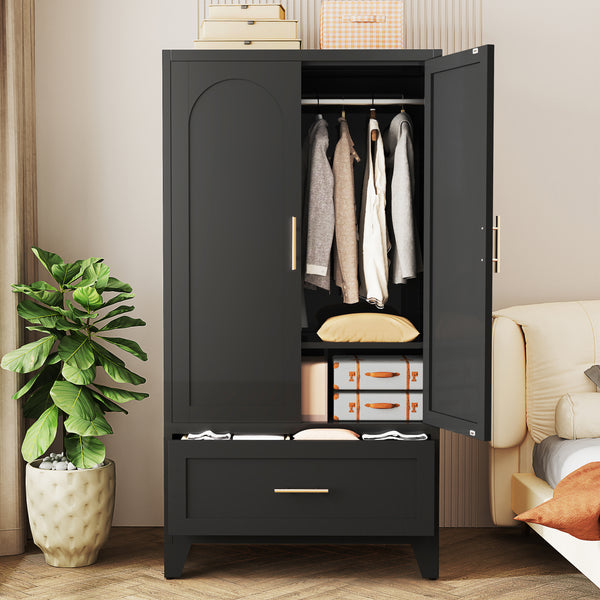 60' Tall Metal Wardrobe Cabinet with 1 Drawer and Hanging Rod, 2 Doors Wardrobe Closet with Shelf for Bedroom, Office, Laundry Room,Entryway ,Foyer,Guesthouse (Black)