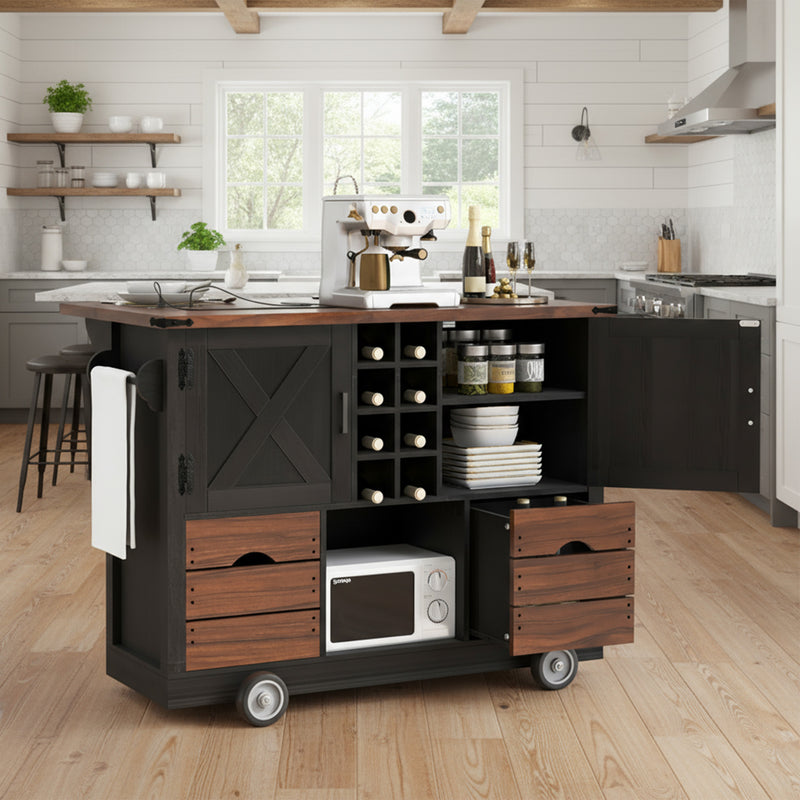 K&K 54' Farmhouse Kitchen Island with Drop Leaf, Power Outlet, Kitchen Storage Cart with 2 Doors, 2 Drawers, Rolling Kitchen Island on 4 Large Wheels with Spice Rack for Kitchen, Dining Room, Black