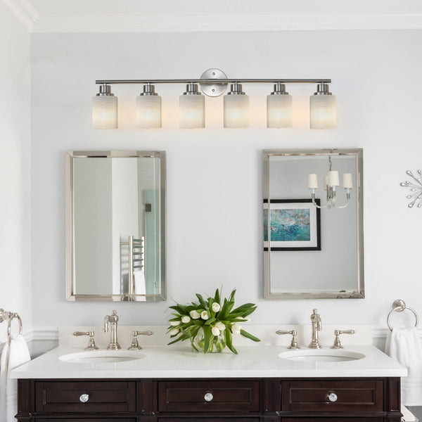 39' Modern 6-Light Vanity Wall Sconce, Brushed Nickel Finish with Frosted Glass Shades for Bathroom or Hallway Lighting (No Bulbs)