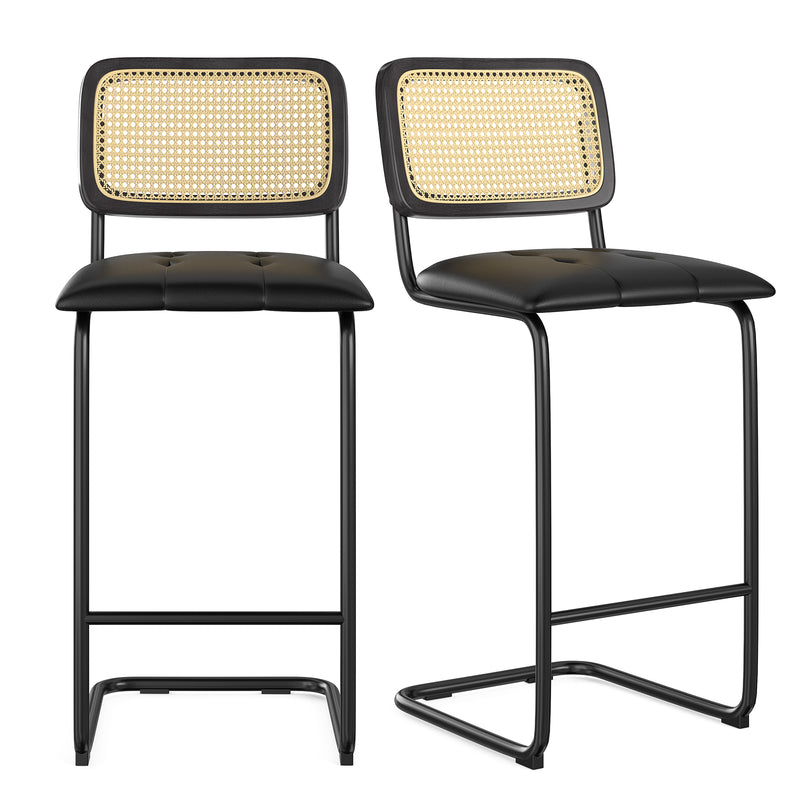 Counter Height Bar Stools Set of 2, Upholstered PU Leather Barstools with Rattan Back, 30 inch Stools Armless Bar Chairs for Kitchen Island, Black