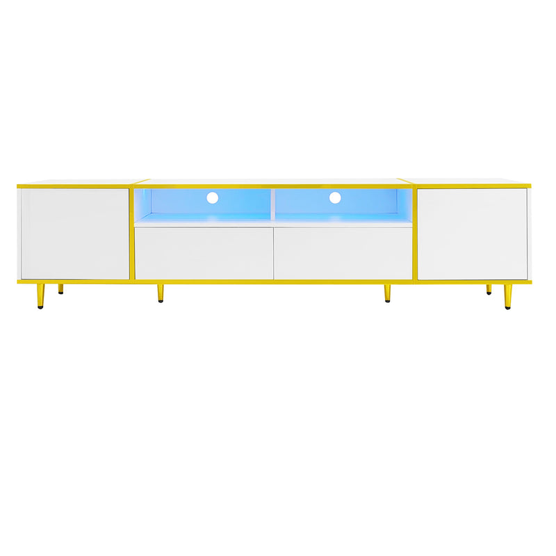 U-Can 70.9'' Modern TV Stand for TVs up to 80 Inches, Entertainment Center with 2 Shelves and LED Lights, TV Storage Cabinet with 2 Drawers, 2 Cabinets and Metal Legs for Living room