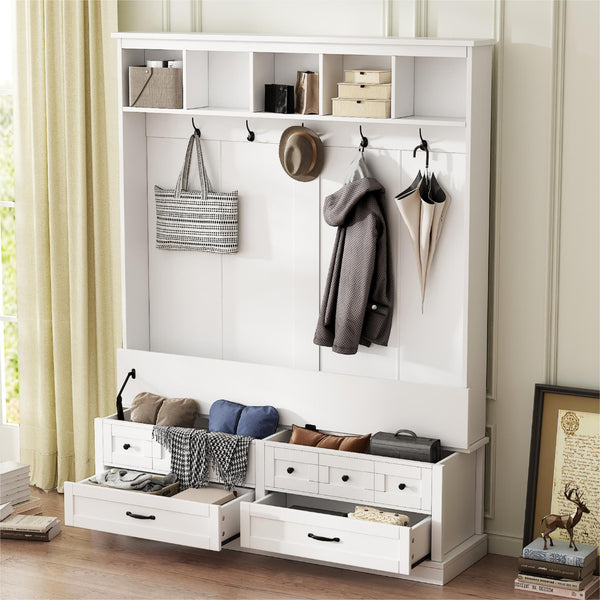 ON-TREND Elegant Wide Hall Tree with 5 Hooks, Versatile Entryway Lift Top Storage Bench with 2 Drawers, Retro Wooden 3-in-1 Coat Rack with Black Handles for Mudroom, Living Room, White, 59'Wx74'H