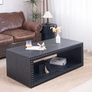 Black Beaded Edge Coffee Table – 47.6' Rectangular Center Table with Open Storage Shelf, Modern Farmhouse Style, Solid Black Finish