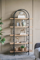 35.6x13.6x70.9' Tall Arched Wood and Iron Display Shelf with Black Frame, 5-Tier Open Shelving Unit Bookshelf, Modern/Industria