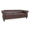 Dark Brown PU Rolled Arm Chesterfield Three Seater Sofa with Solid Wood Frame and Birch Legs
