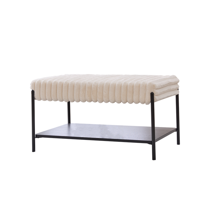 Upholstered Ottoman Coffee Table Foot Rest with Black Metal Legs and Open Storage, Faux Fur, Beige, 30.7' Wide