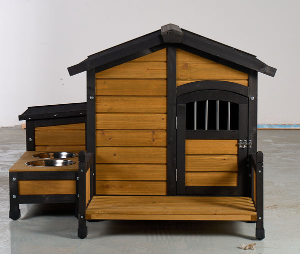 Large Wooden Dog House with Storage Box and Feeding Station, Outdoor Pet Kennel with Asphalt Roof, Porch, and Lockable Door – Weatherproof Fir Wood Dog Home for Small to Medium Dogs