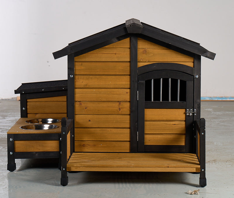 Large Wooden Dog House with Storage Box and Feeding Station, Outdoor Pet Kennel with Asphalt Roof, Porch, and Lockable Door – Weatherproof Fir Wood Dog Home for Small to Medium Dogs