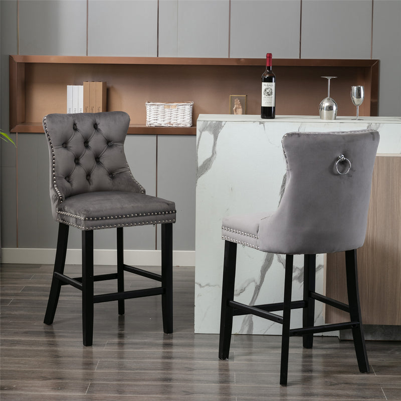 Contemporary Velvet Upholstered Barstools with Button Tufted Decoration and Wooden Legs, and Chrome Nailhead Trim, Leisure Style Bar Chairs,Bar stools, Set of 2 (Gray),SW1902GY