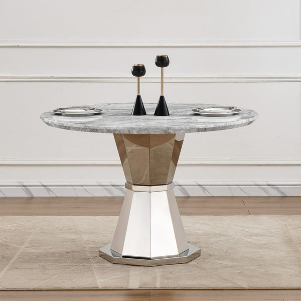 47' Round Marble Dining Table, Modern Kitchen Table with High Gloss Faux Marble Tabletop and Stainless Steel Base for Dining Room, Kitchen (Sliver,Gray)(only table)
