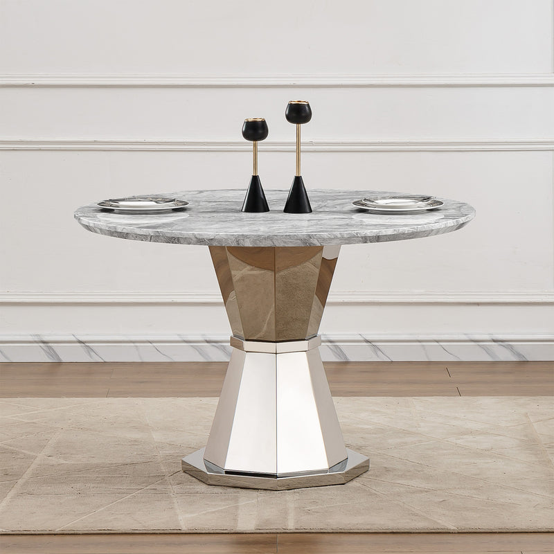47' Round Marble Dining Table, Modern Kitchen Table with High Gloss Faux Marble Tabletop and Stainless Steel Base for Dining Room, Kitchen (Sliver,Gray)(only table)