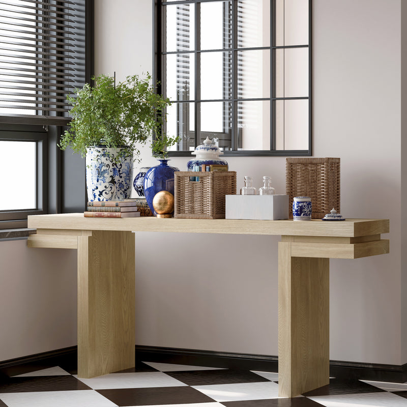 66' Extra Wide Real Wood Veneered Console Table, Minimalist Sofa Table Behind Couch for Entryway, Hallway, Living Room, Home Office, Distressed Oak