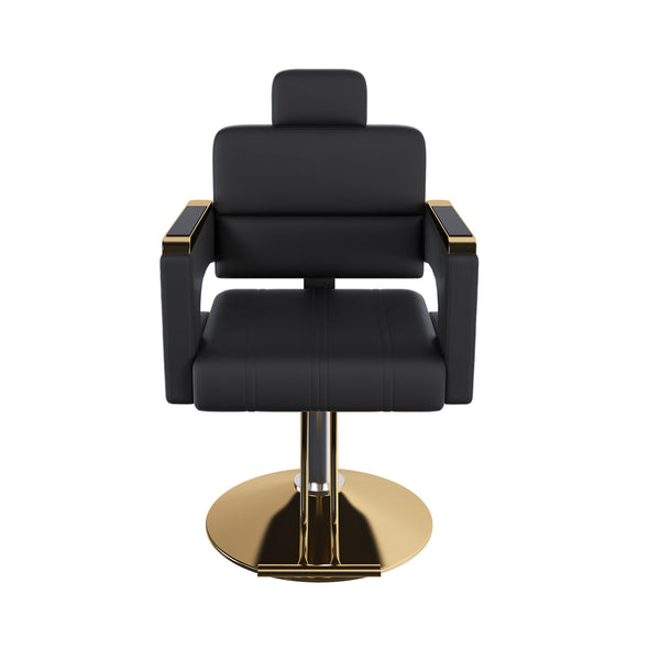 Professional Hydraulic Barber Chair with 360° Swivel, Adjustable Height, Stainless Steel Armrests & Reclining Backrest in Black & Gold