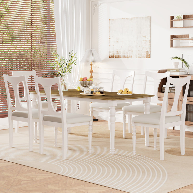 7-Piece Dining Table Set, 60inch to 78inch Extendable Wood Dining Table with Removable Leaf, Kitchen Table Set with 6 Upholstered Side Chair, Dining Table Set for 6