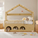 Full Bed Frame for Kids, Montessori Floor Bed Style with Roof,with LED light,Safety Guardrails, Storage Drawers & Cubby, Wooden Bed for Boys Girls, No Box Spring Needed, Easy Assemble, Natural