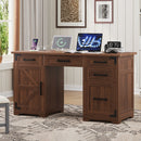 55' Farmhouse Executive Desk with Charging Station & Power Outlet, Home Office Computer Desk with 5 Drawers and Cabinet, Rustic Wood Writing Study Table with File Drawer, Walnut