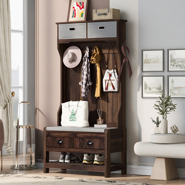 U-Can Hall Tree with 6 Hooks and Hinged Lid, Coat Hanger, Entryway Bench, Storage Bench, 3-in-1 Design, 69INCH, for Entrance, Hallway