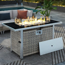 43' Propane Gas Fire Pit Table, 60000 BTU Rectangular Open Weave Wicker Fire Pit with Glass Wind Guard for Outside Patio Deck Garden Backyard - Grey