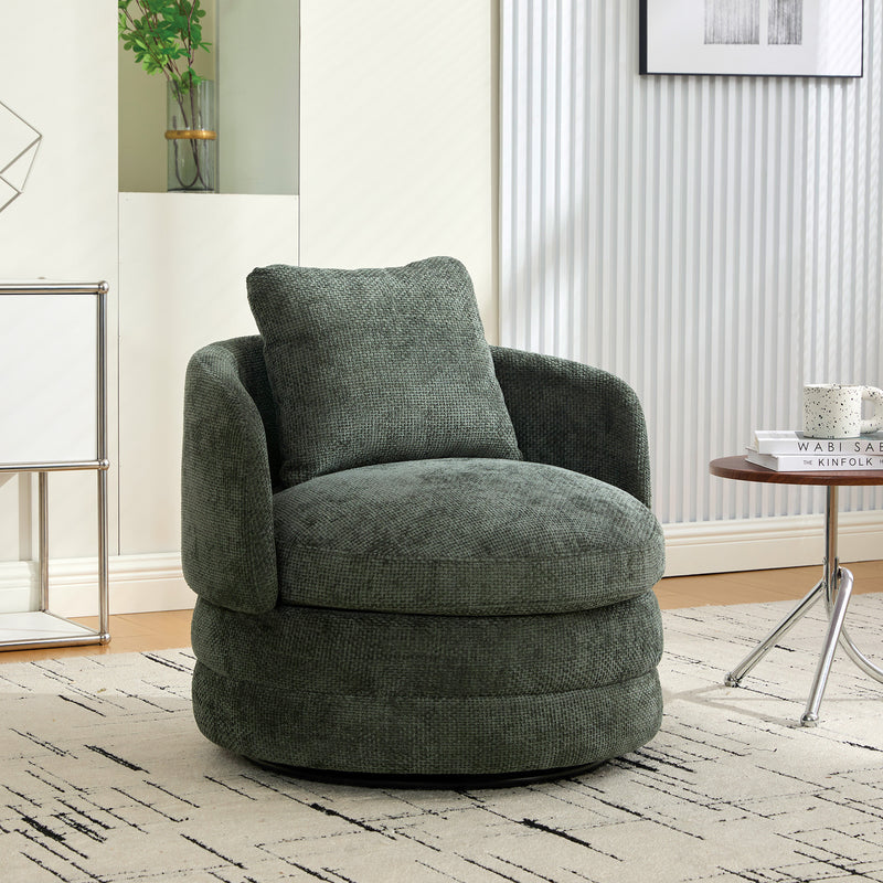 30'W Modern Round 360° Swivel Barrel Accent Chair with Pillow, Chenille Upholstered Comfy Barrel Armchair Single Club Sofa Chair for Living Room,Bedroom, Reading Room, Balcony, Lounge, Green