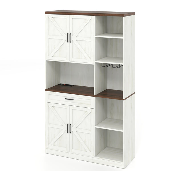 Antique White Farmhouse Kitchen Pantry Sideboard with Cabinet and Drawer, Multi-Functional Kitchen Buffet with Hutch and Glass Holder, 71'' Microwave Stand with Charging Station