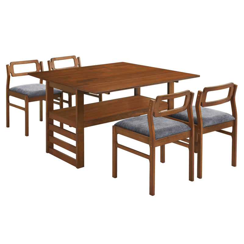 TOPMAX Modern 5-Piece 47.2'' Extendable Wood Square Dining Table Set with Two 11.8-inch Drop Leaves, Compact Storage Shelf Kitchen Table Set with Upholstered Chairs for 4, Brown