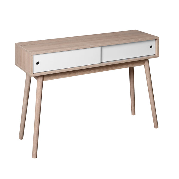 Rustic Entryway Console Table with Sliding White Doors and Wood Legs, Natural Color, Particle Board and MDF, 39.4' x 13.77'