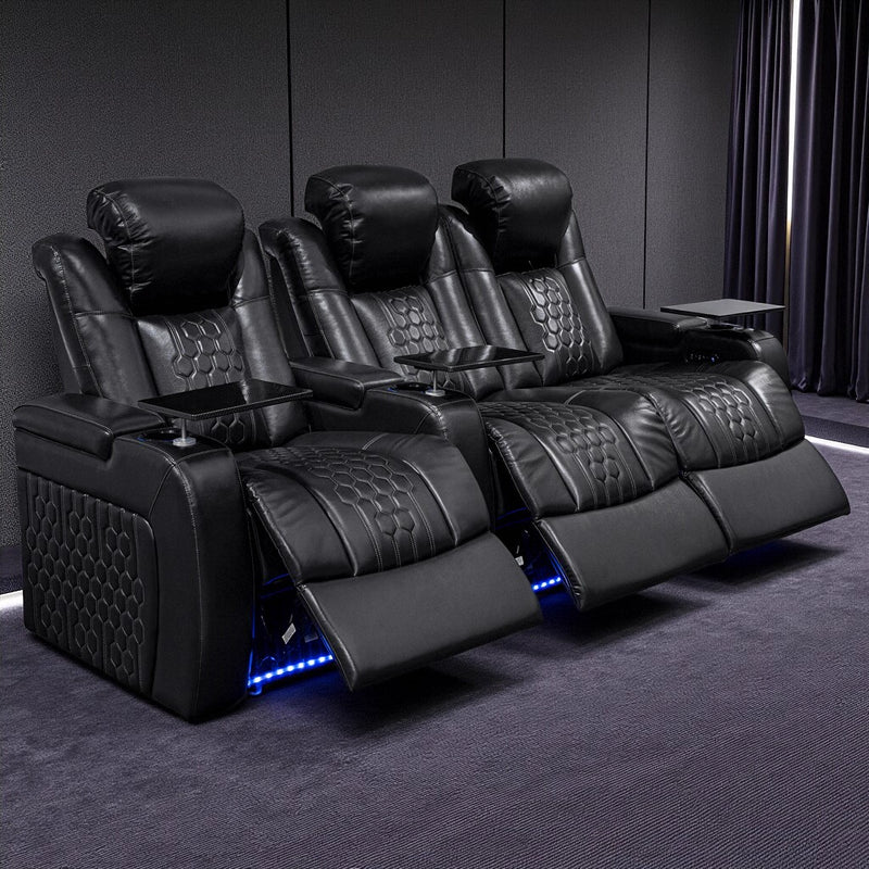 93.3'Power Recliner 3 PC Made WithTop-Grain Nappa,Fully Adjustable Relaxation,Smart Charging,Dynamic RGB LED Lighting,BLACK