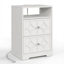 Set of 2, 18.9' White Engineered Wood Nightstand with Diamond Carvings, Gold Handles, Charging Station & 2 Drawers