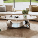 49.2' Faux Marble Oval Coffee Table, Contemporary Gray Stainless Steel Base, Modern Center Table for Living Room