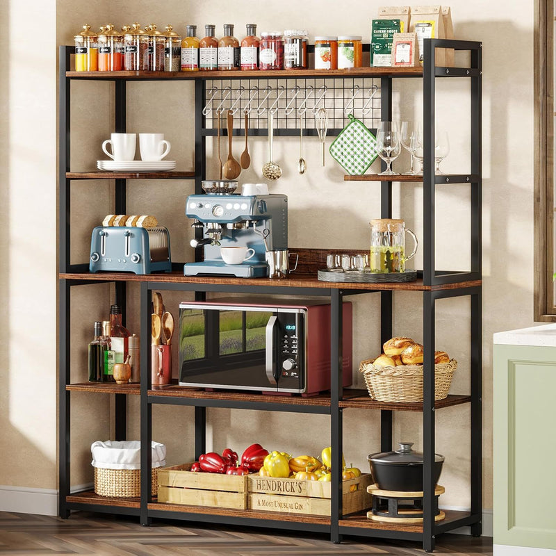 Large 55' Baker's Rack with Hutch – 5-Tier Industrial Kitchen Storage Shelf with Hooks & Microwave Stand, Rustic Brown Kitchen Hutch Cabinet Organizer with Metal Frame, Utility Pantry Rack