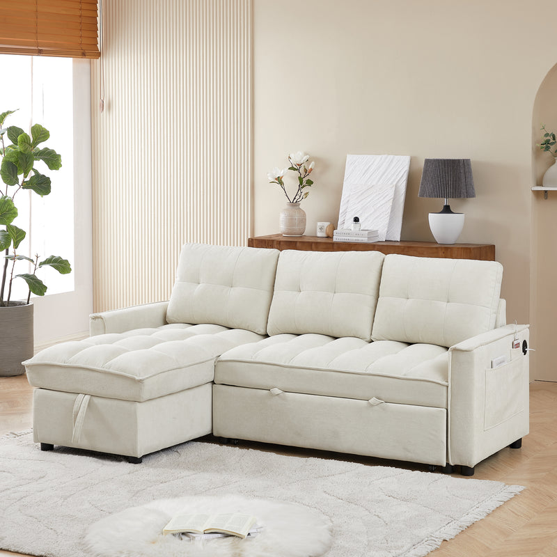 MH 78.75' Reclining Sofa, Pull-Out Sofa Bed with USB and tape-c charging ports, L-Shaped Sectional Sofa with Reclining Storage and Arm Side Organizer Pocket Features, Living Room Comfort Sofa