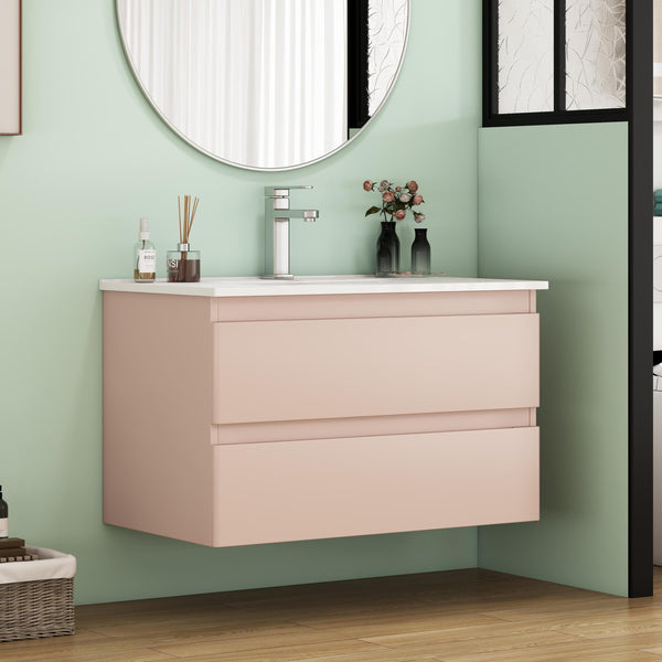 32-Inch Wall-Mounted Bathroom Vanity With Sink Combo, Double Drawers, Rounded Drawer Fronts,Soft-Close System,Ceramic Sink,No Handle Design,Solid Wood,Easy to Install,The Faucet Is Not Included,Pink